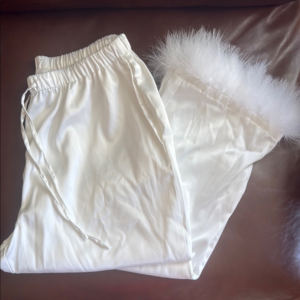 White Satin Feather Trim Pants